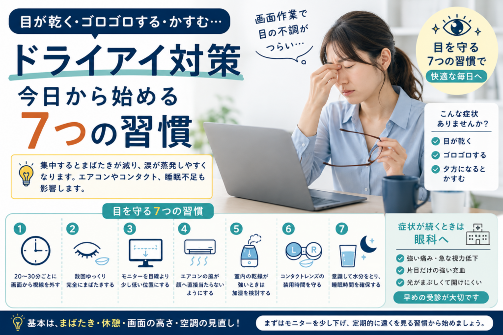 目の疲れを守る七つの習慣インフォグラフィック