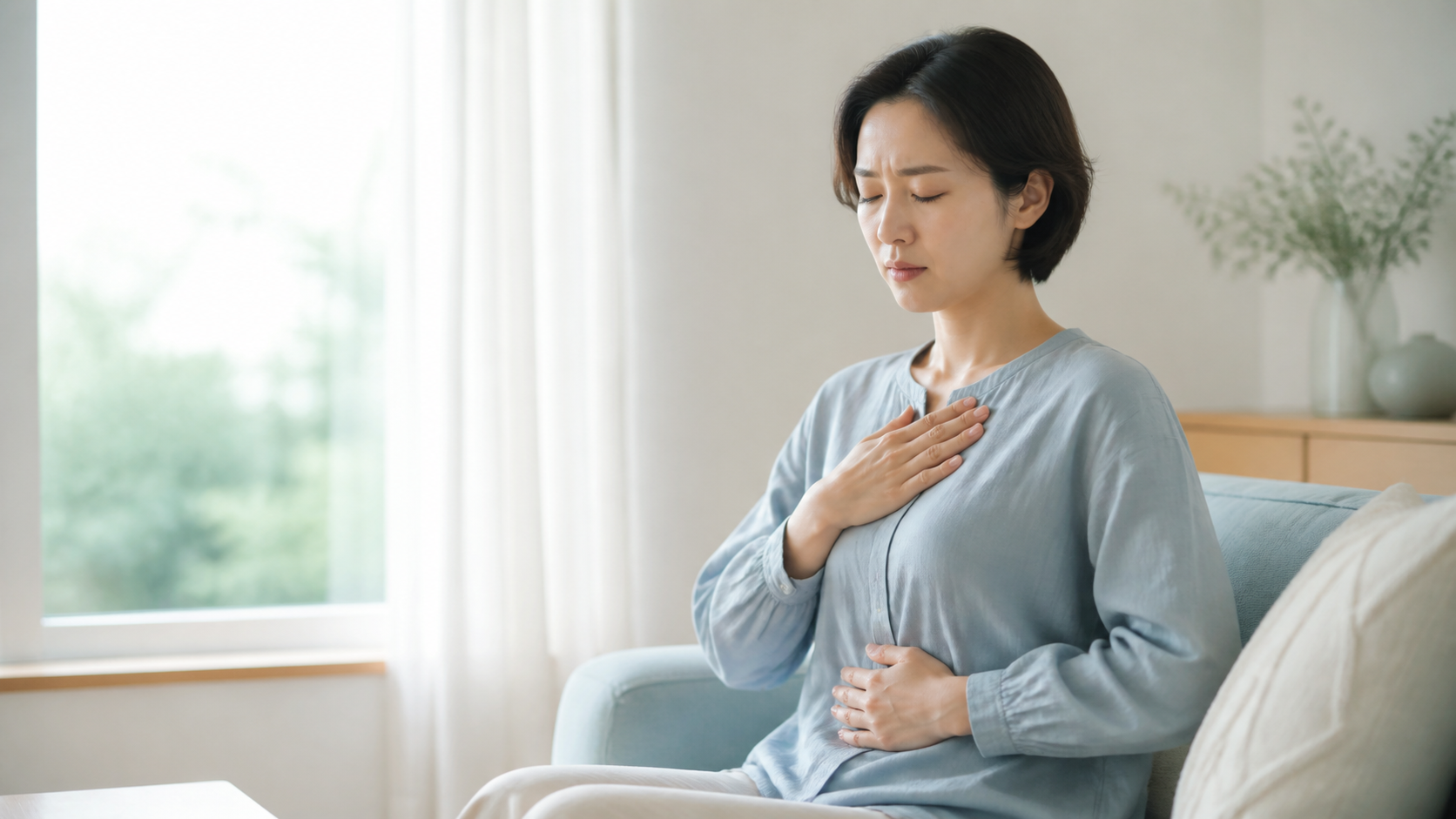 動悸や息苦しさを感じて呼吸を整える女性