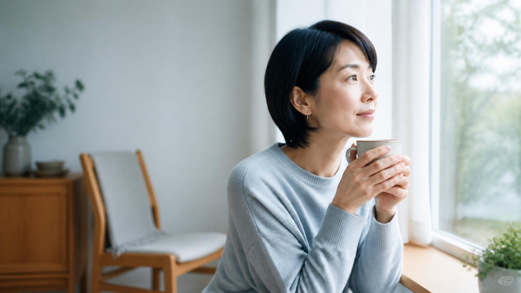 窓辺で静かに気持ちを整える女性