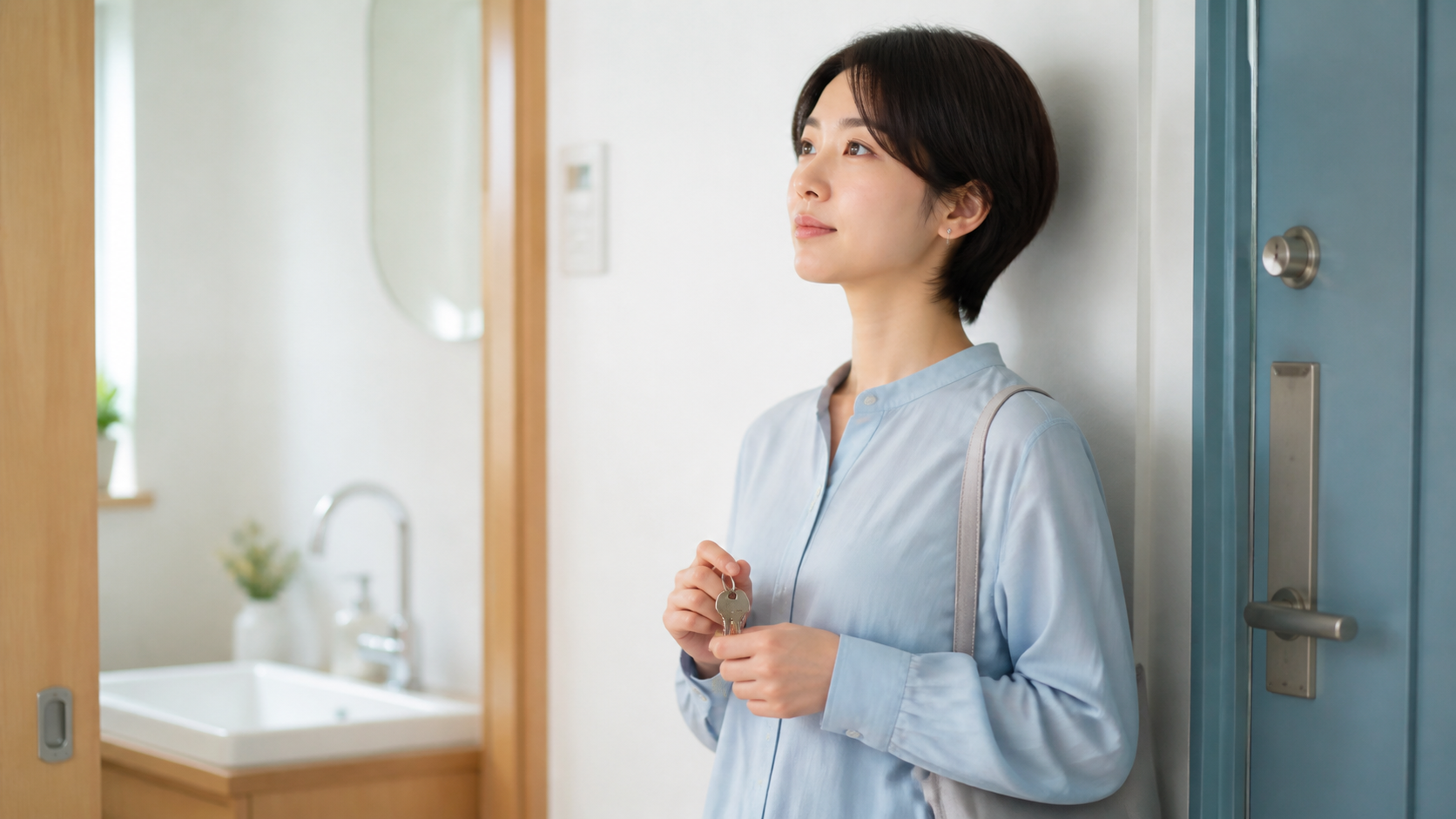 戸締まりの確認後に玄関で気持ちを整える女性