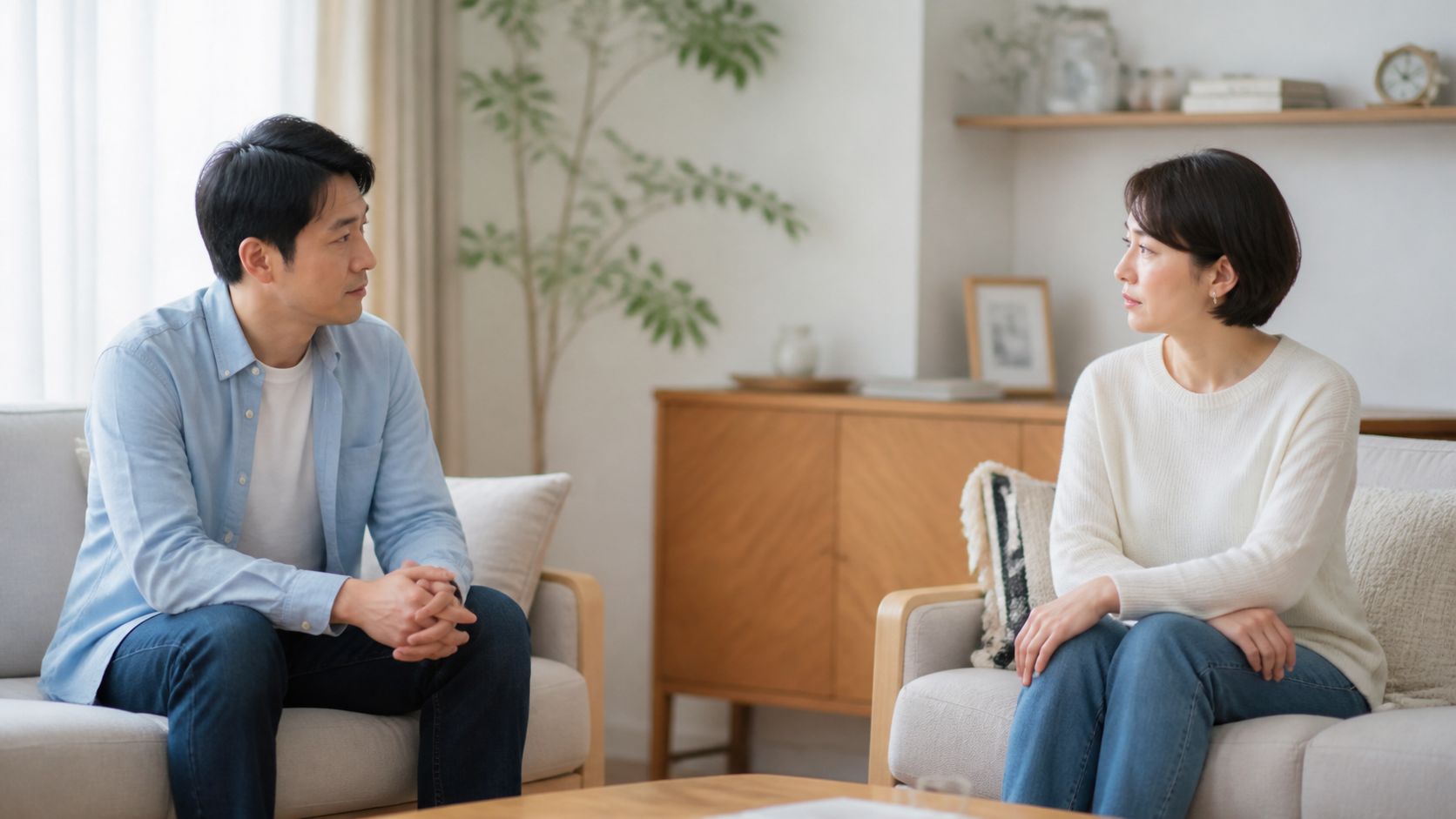 落ち着いて向き合い話し合う夫婦