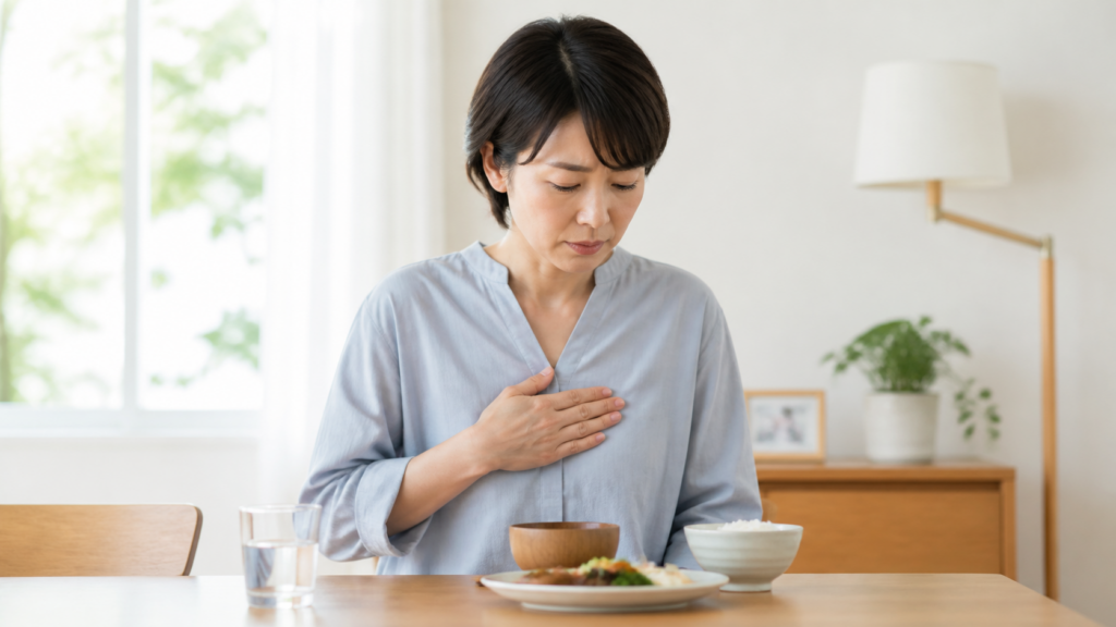 食後の胸やけを気にする女性