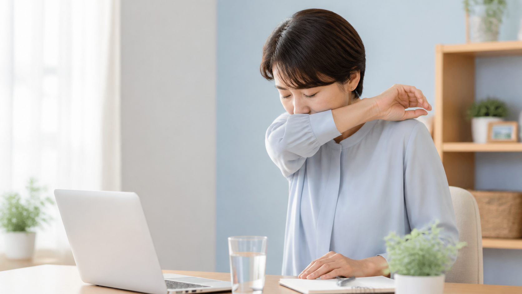 長引く咳を気にして肘で口元を覆う女性