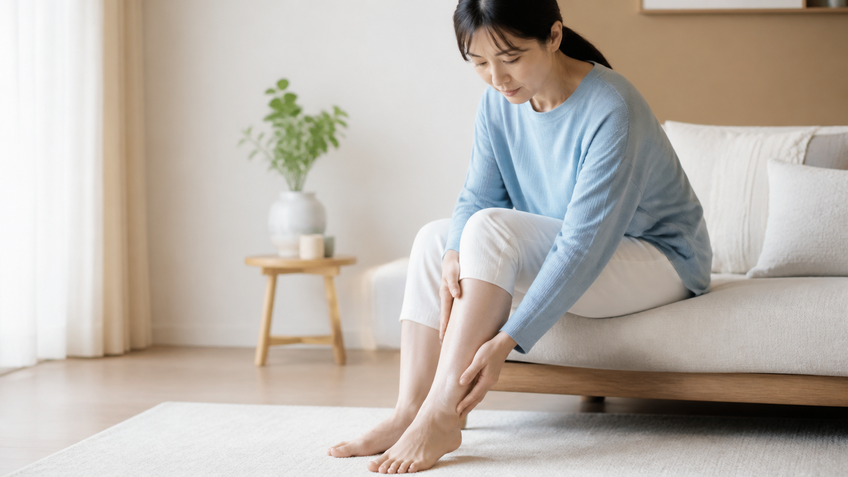 片脚の腫れを確認する女性
